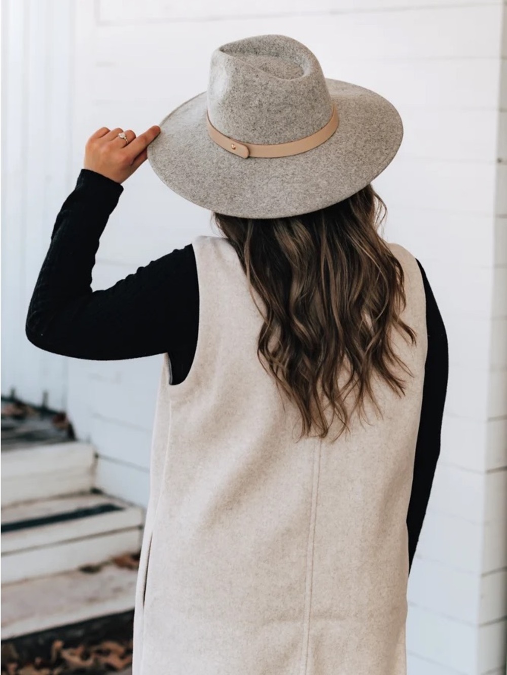 Wool Felt Wide Brim Hat with Leather Band - Light Gray